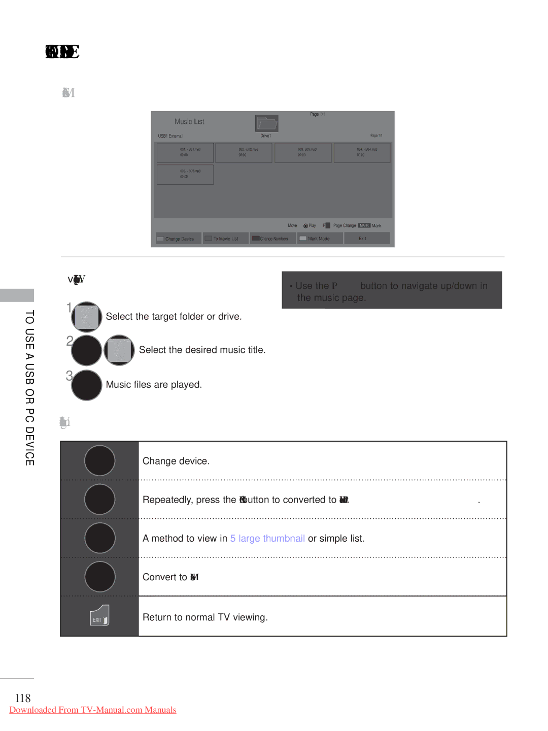 LG Electronics A-27 Music Selection, 118, When playing music files, Use the P button to navigate up/down in the music 