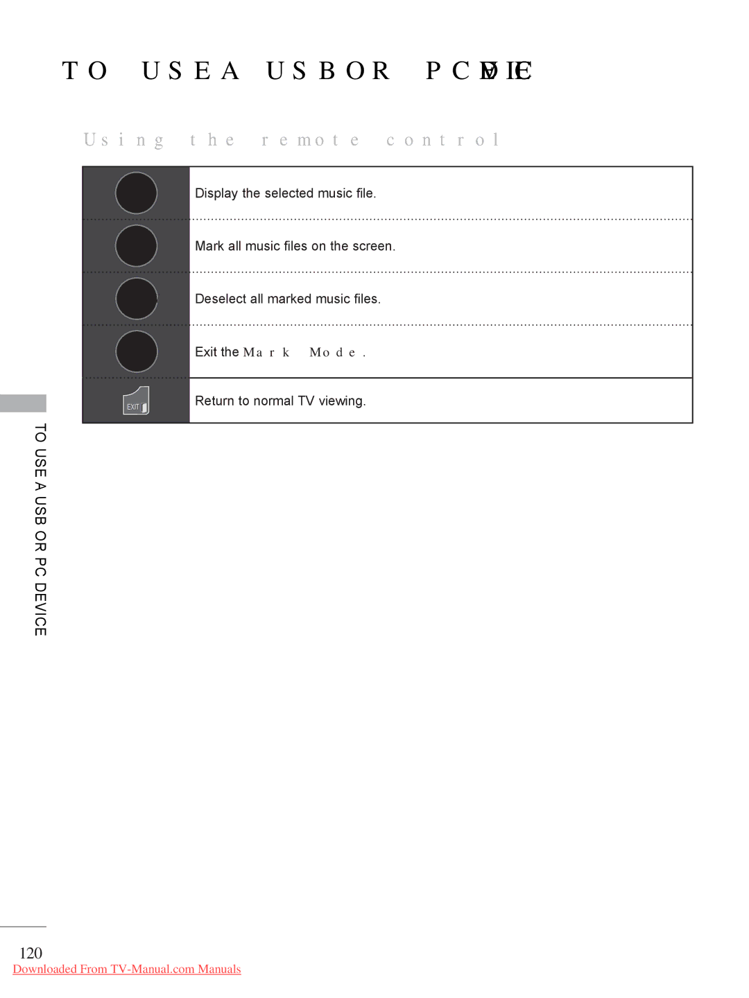 LG Electronics A-27 owner manual 120, Display the selected music file, Mark all music files on the screen 