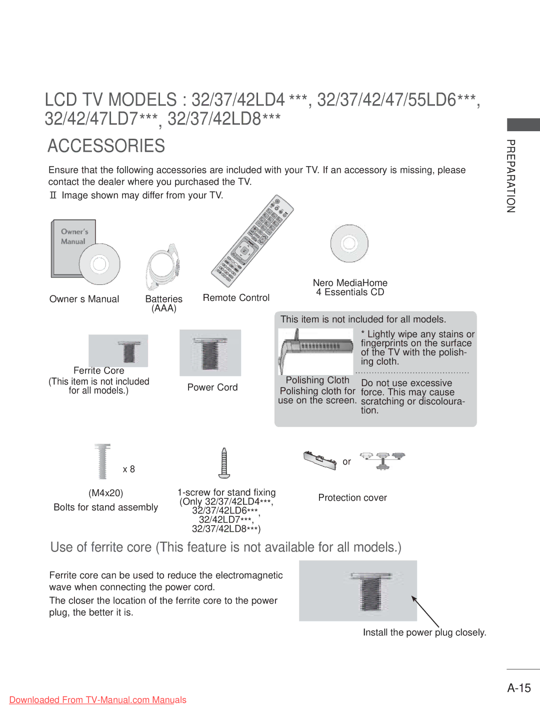 LG Electronics A-27 owner manual Batteries, Power Cord, 32/42LD7, Protection cover 