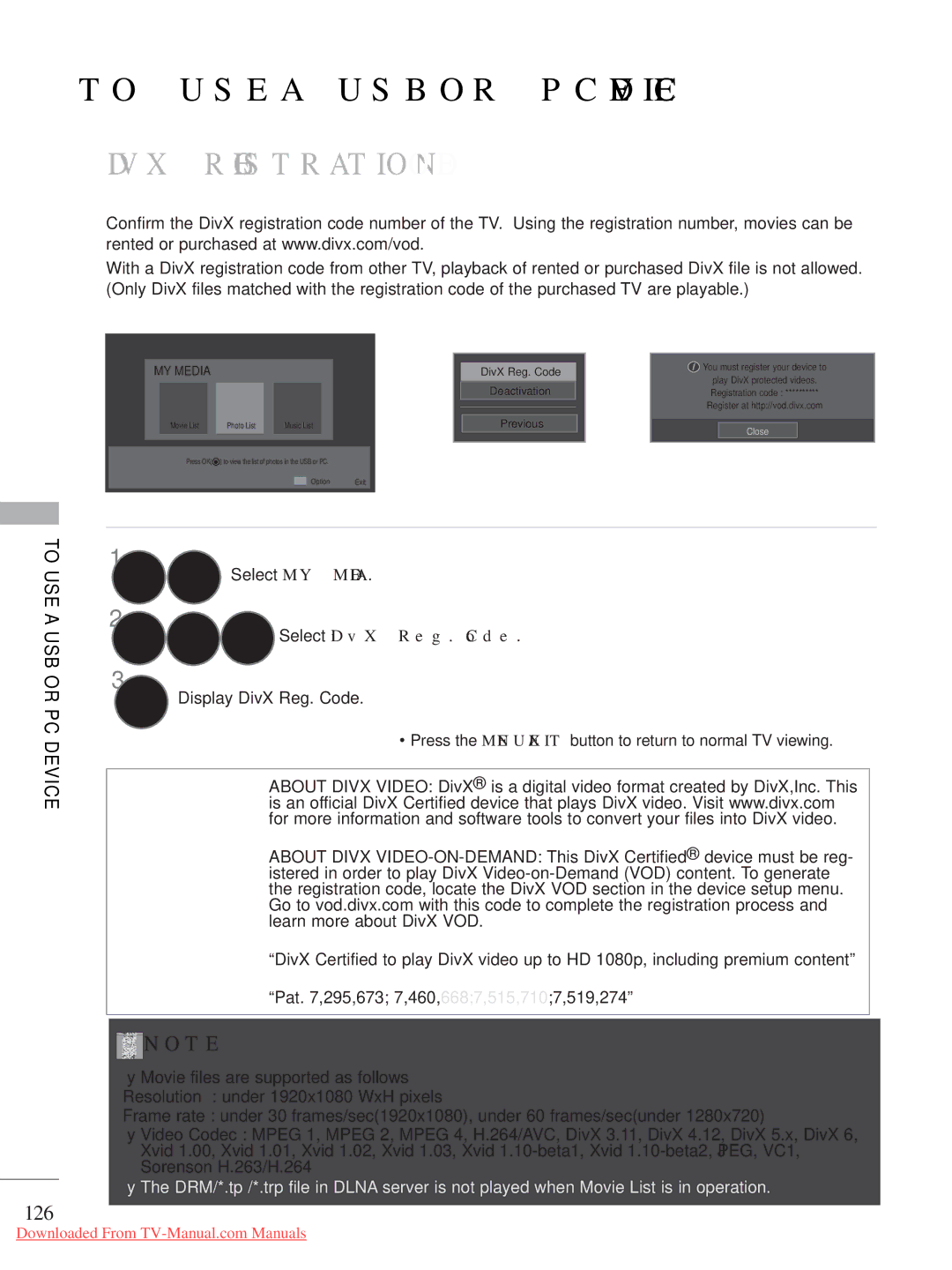 LG Electronics A-27 owner manual Divx Registration Code, 126, Display DivX Reg. Code 