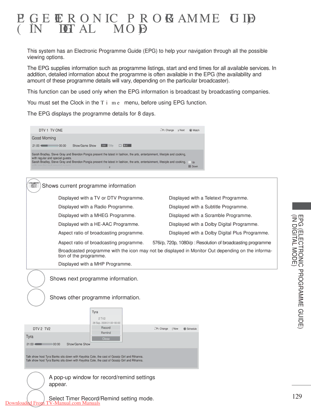 LG Electronics A-27 owner manual 129, Shows current programme information, EPG Electronic Programme in Digital Mode, Guide 