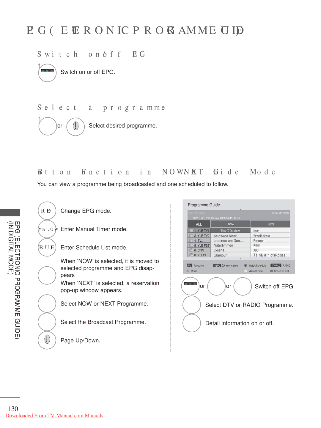 LG Electronics A-27 owner manual Switch on/off EPG, Select a programme, Button Function in NOW/NEXT Guide Mode, 130 