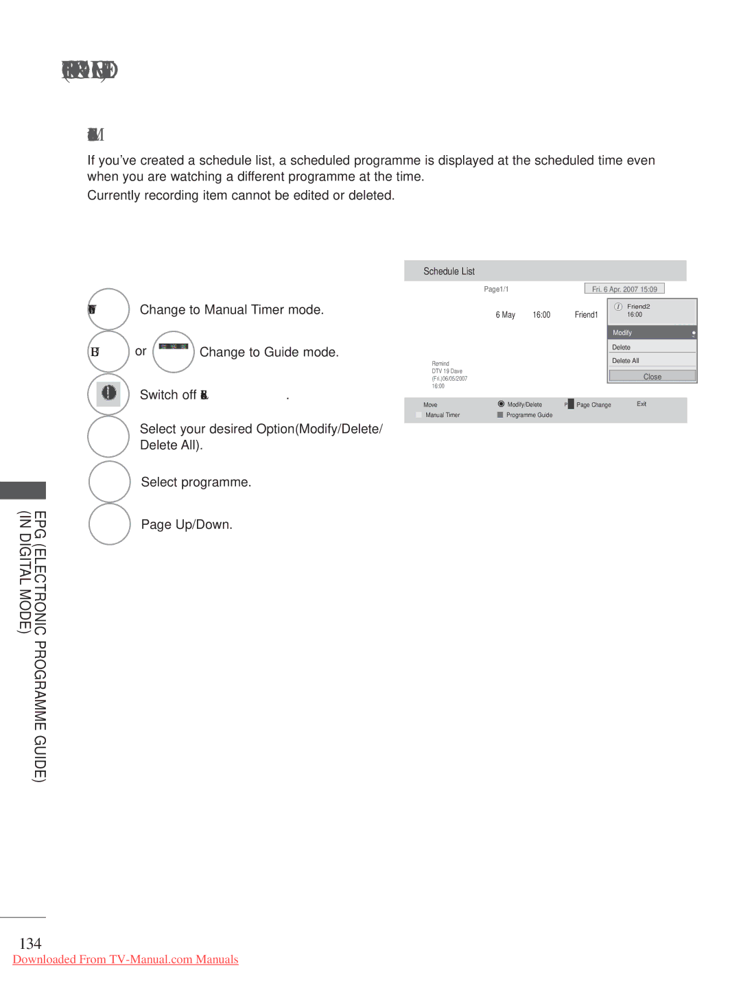 LG Electronics A-27 owner manual Button Function in Schedule List Mode, 134, Blue or, Switch off Schedule List 