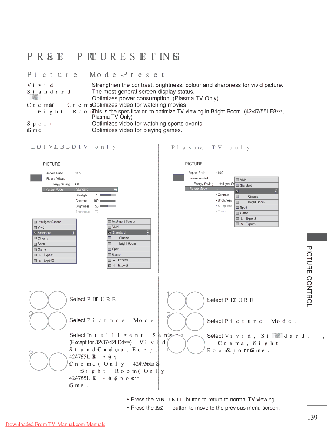 LG Electronics A-27 owner manual Preset Picture Settings, Picture Mode-Preset, 139, Vivid, Only 42/47/55LE8 