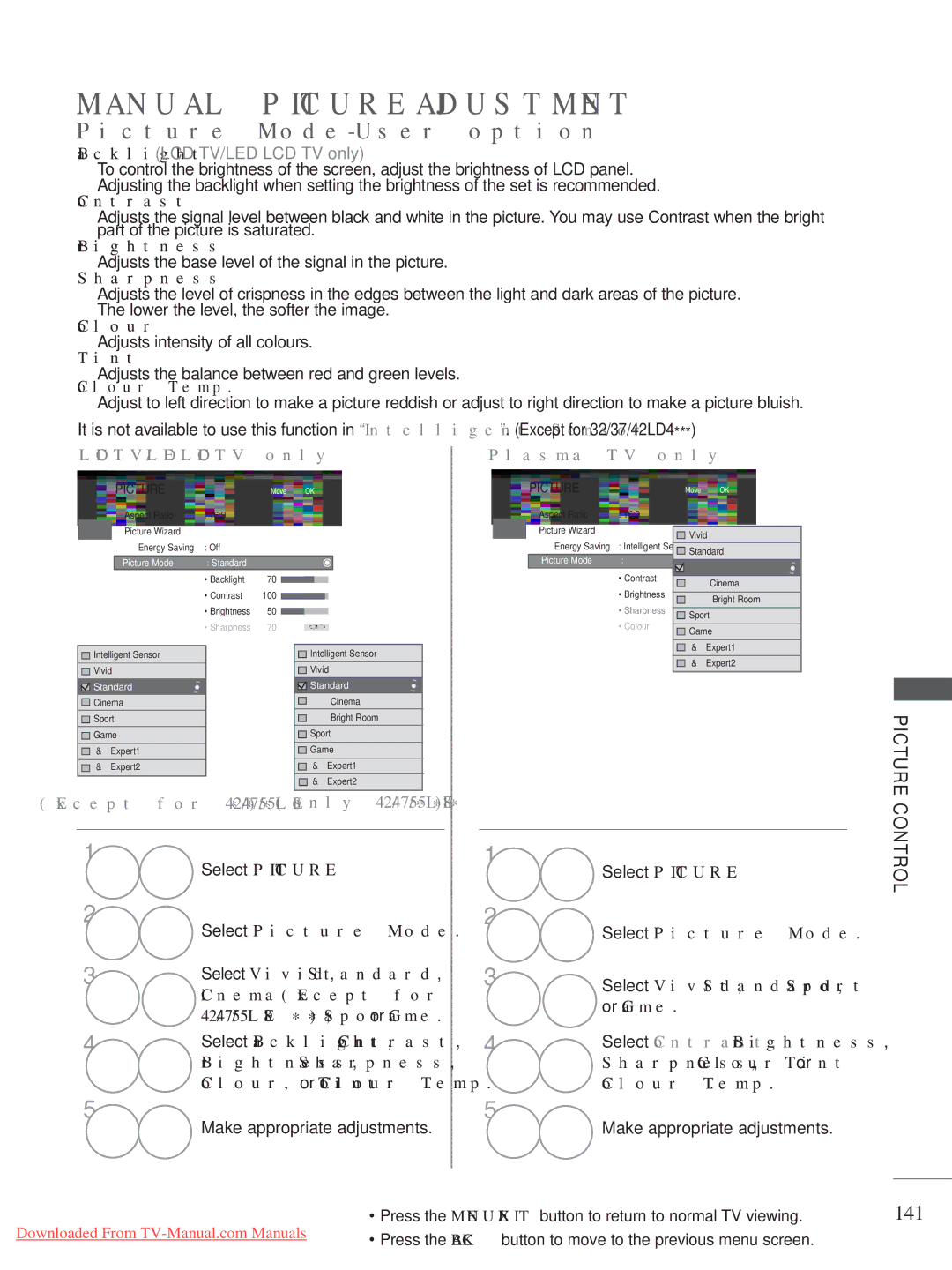 LG Electronics A-27 owner manual Manual Picture Adjustment, Picture Mode-User option, 141 