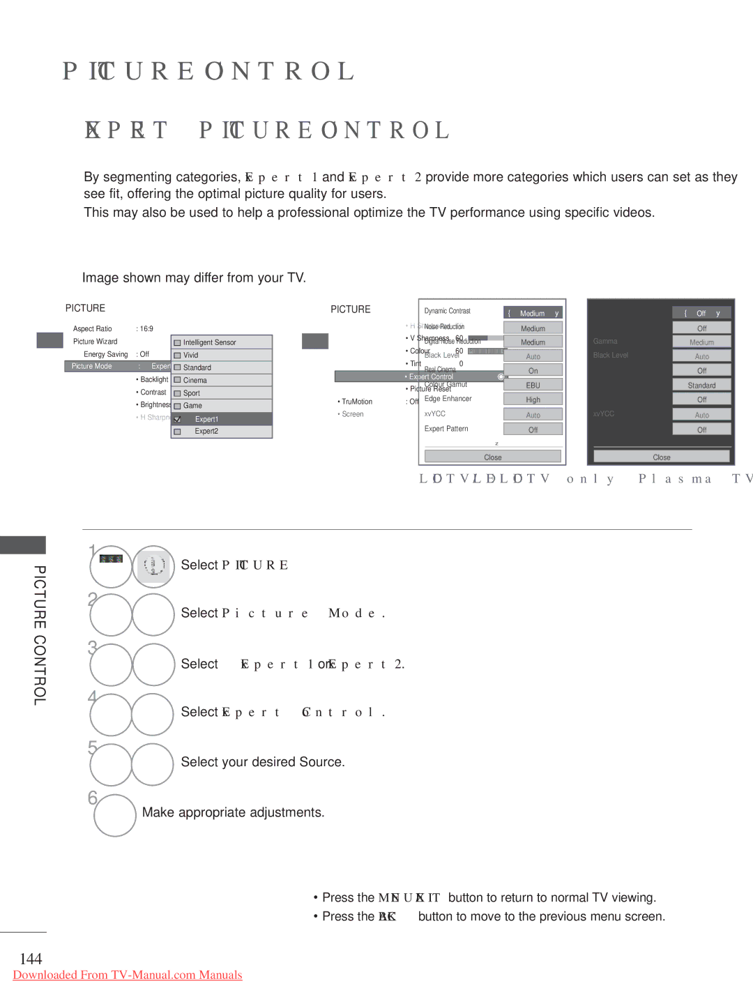 LG Electronics A-27 owner manual Expert Picture Control, 144, Select your desired Source Make appropriate adjustments 