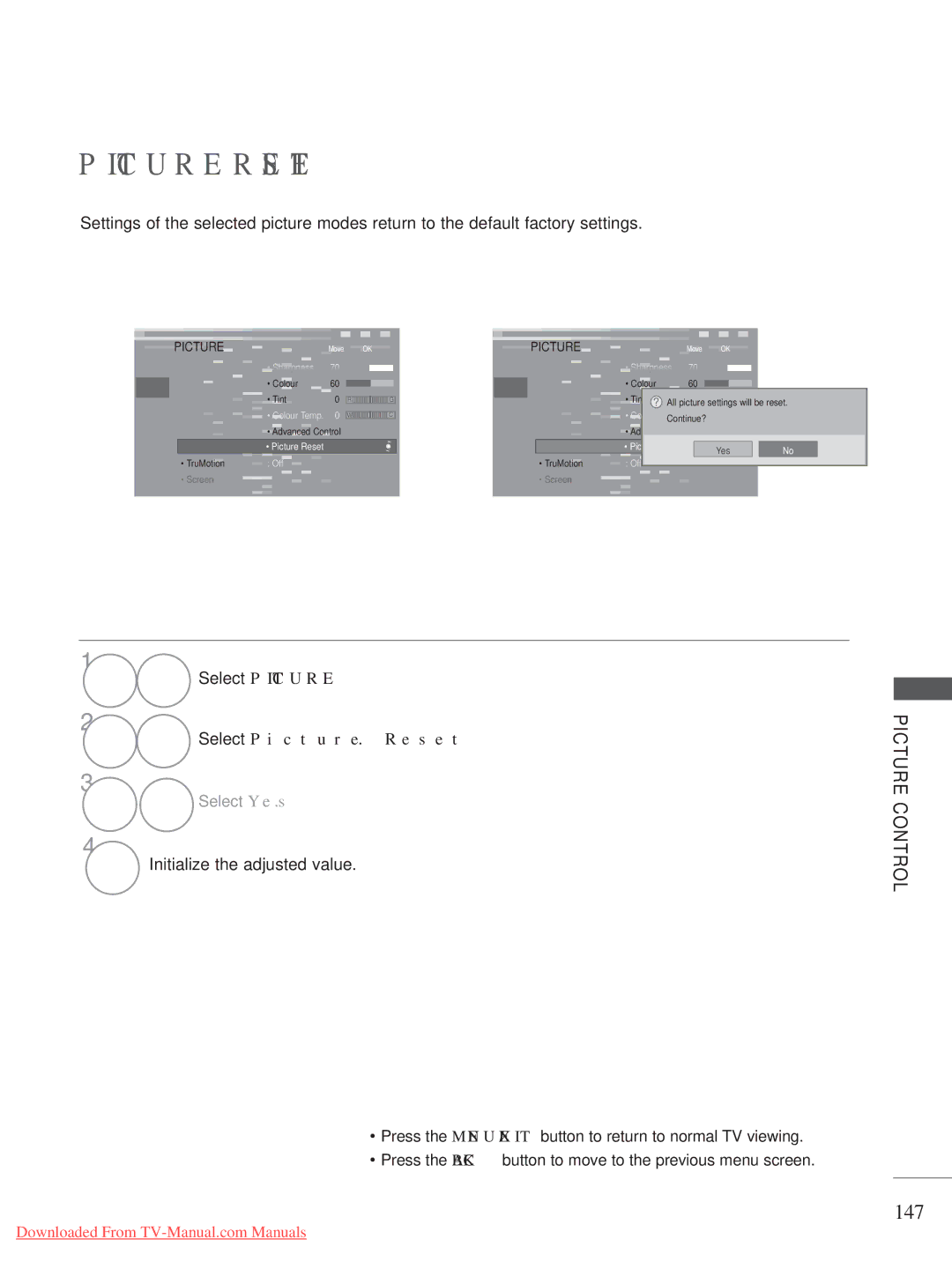 LG Electronics A-27 owner manual 147, Select Picture Reset, Initialize the adjusted value 