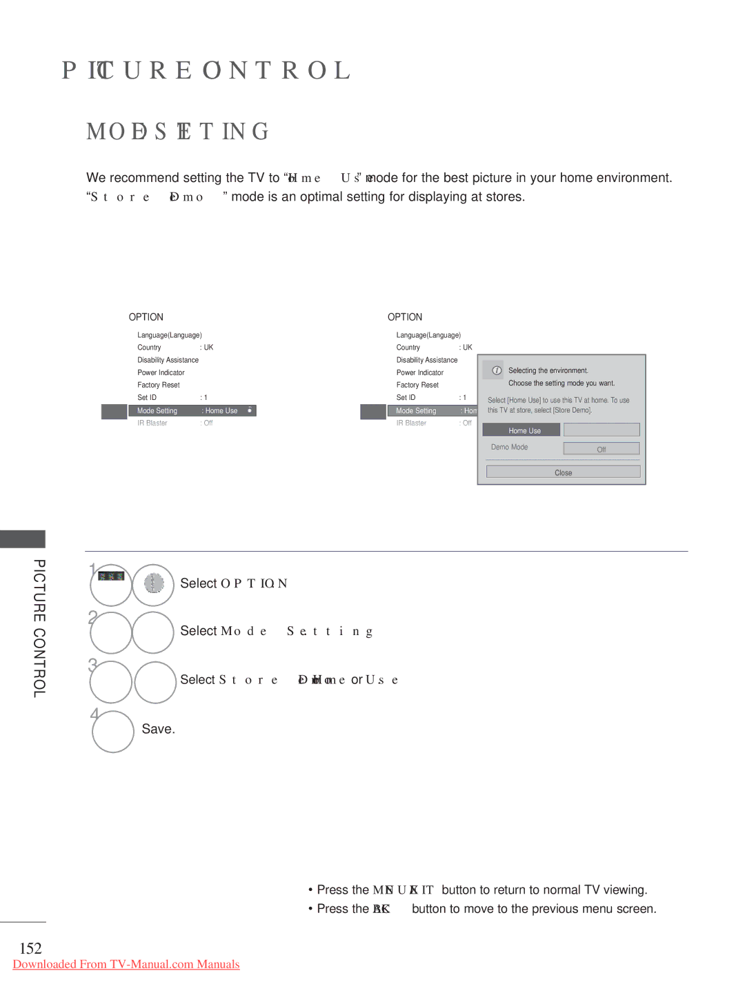 LG Electronics A-27 owner manual 152, Select Mode Setting Select Store Demo or Home Use 