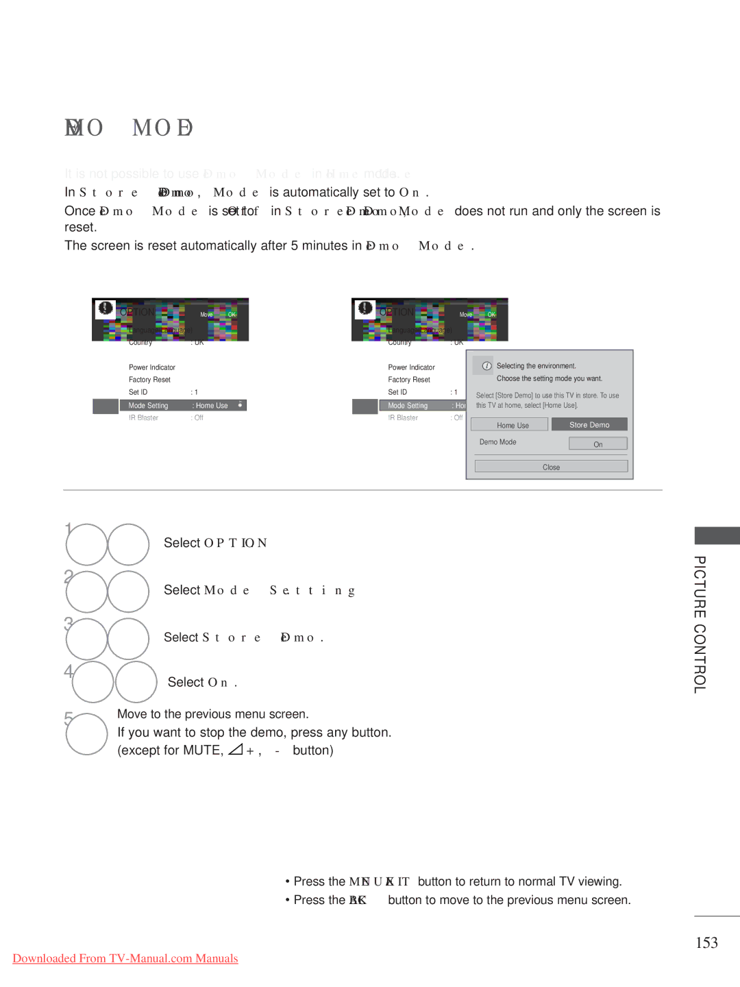 LG Electronics A-27 Demo Mode, 153, Select Mode Setting Select Store Demo, Select On, Except for MUTE, + , button 