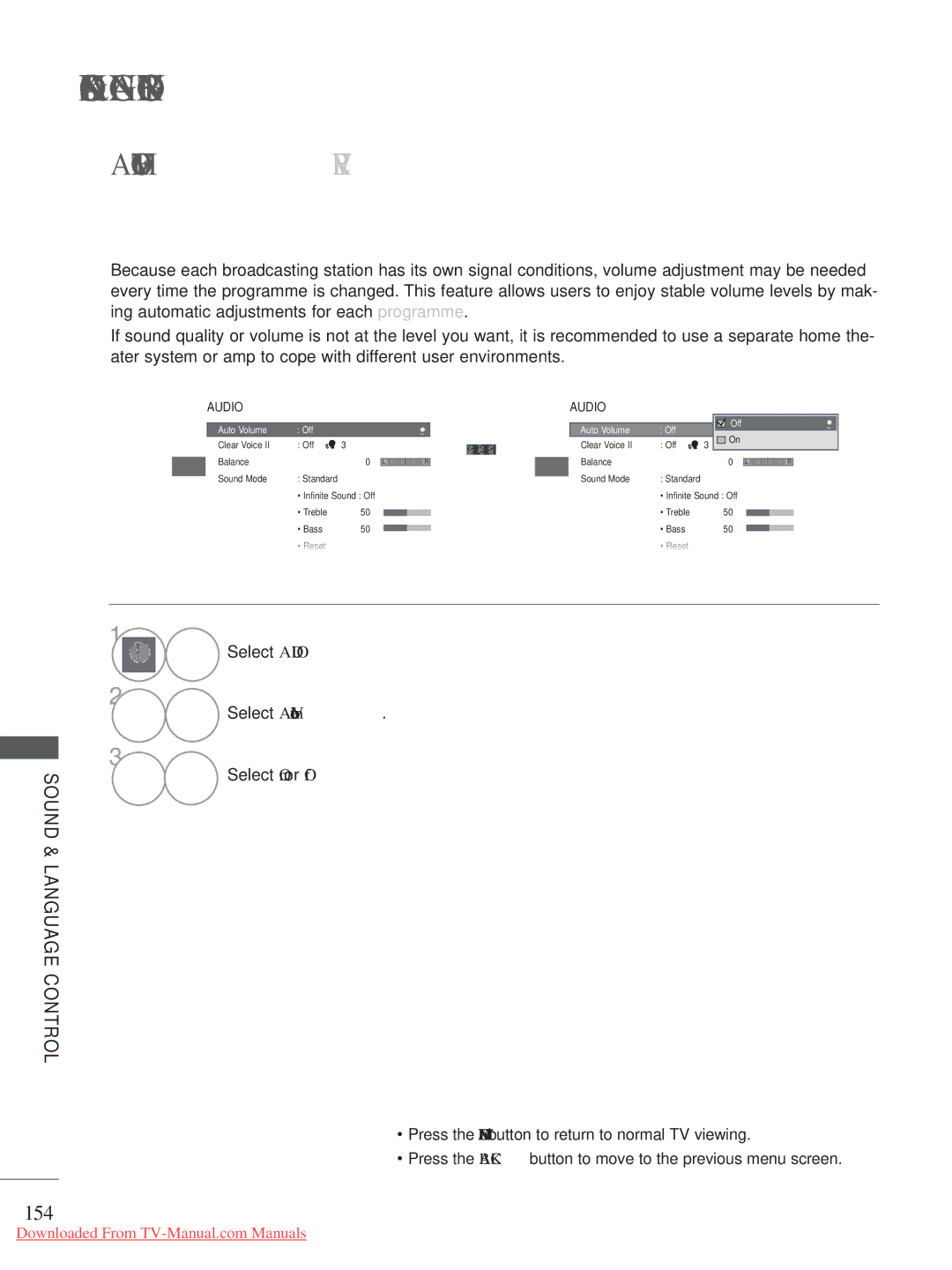 LG Electronics A-27 owner manual Auto Volume Leveler, 154, Sound & Language Control, Select Audio, Select Auto Volume 