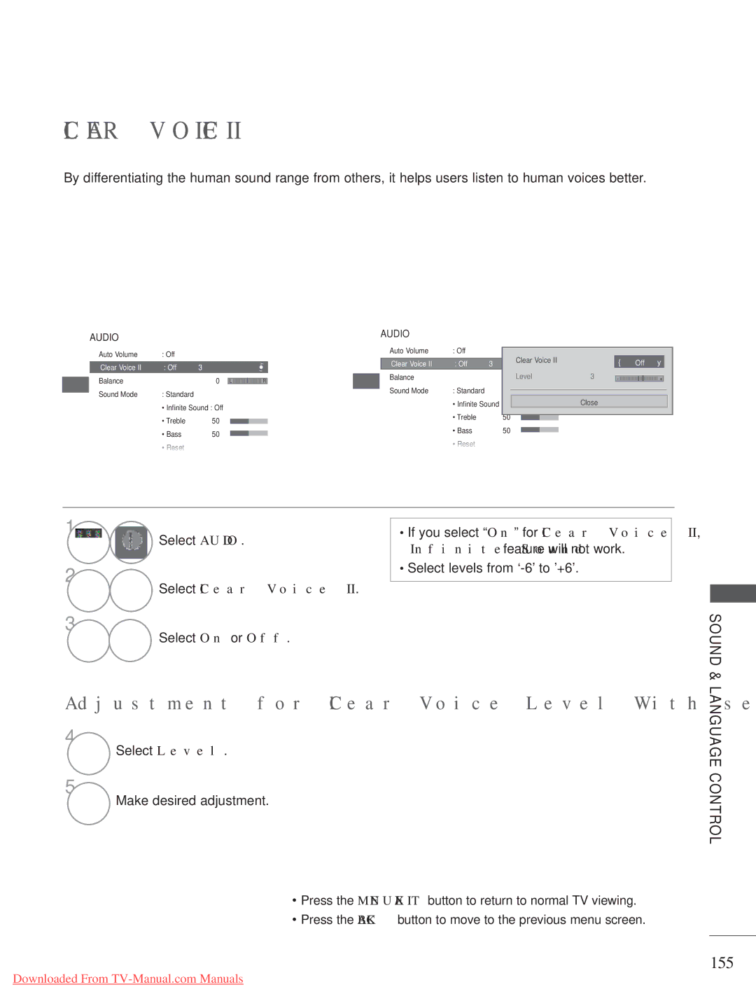 LG Electronics A-27 owner manual Adjustment for Clear Voice Level With selecting On, 155, Select Clear Voice 