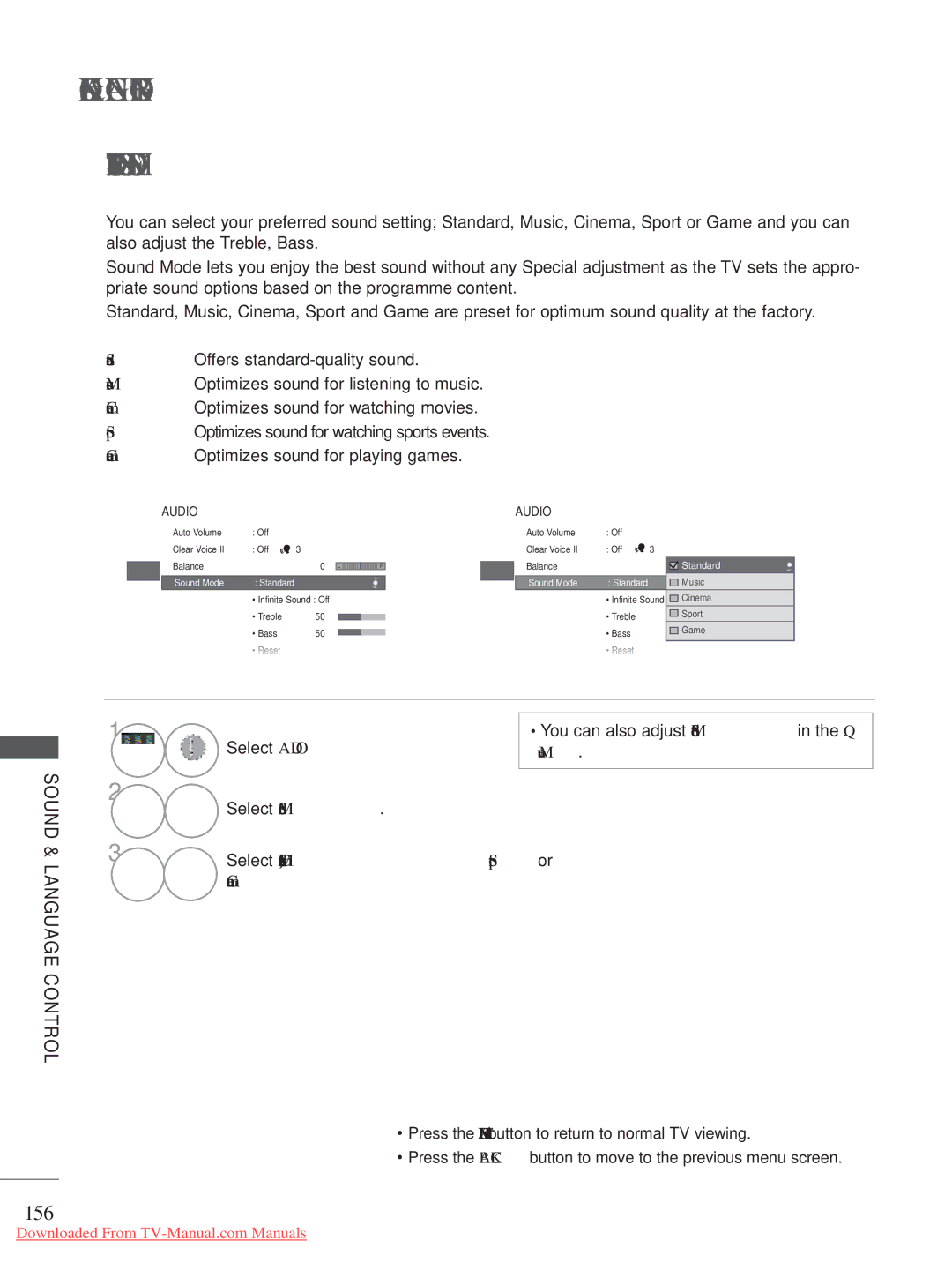 LG Electronics A-27 Preset Sound SETTINGS-SOUND Mode, 156, Select Audio You can also adjust Sound Mode in the Q 