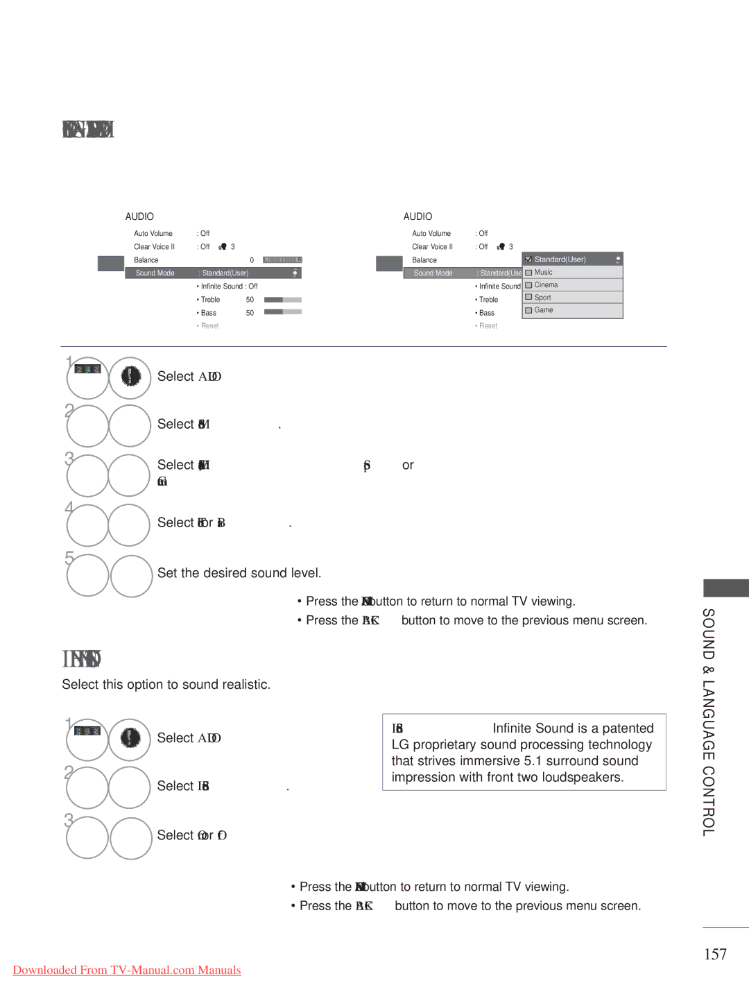 LG Electronics A-27 owner manual Sound Setting Adjustment -USER Mode, Infinite Sound, 157, Select Sound Mode 