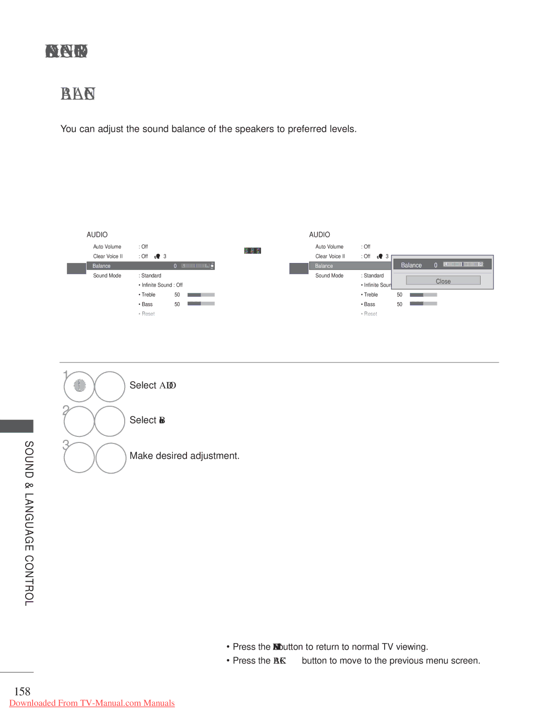 LG Electronics A-27 owner manual 158, Select Audio Select Balance Make desired adjustment 