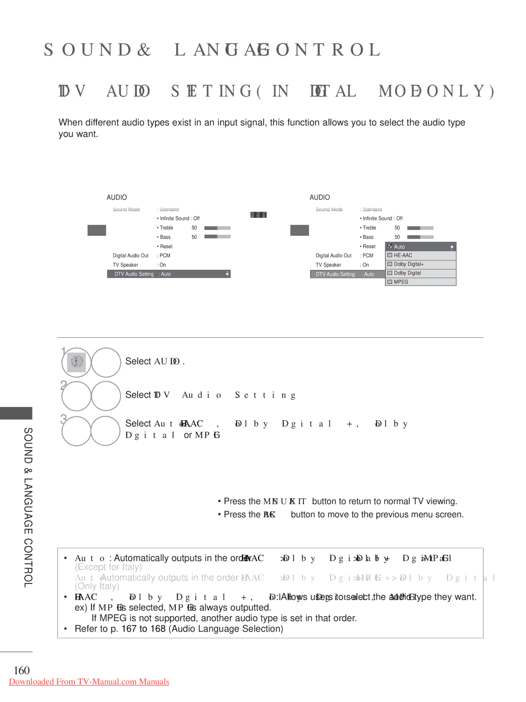 LG Electronics A-27 owner manual DTV Audio Setting in Digital Mode only, 160, Select DTV Audio Setting, Digital or Mpeg 