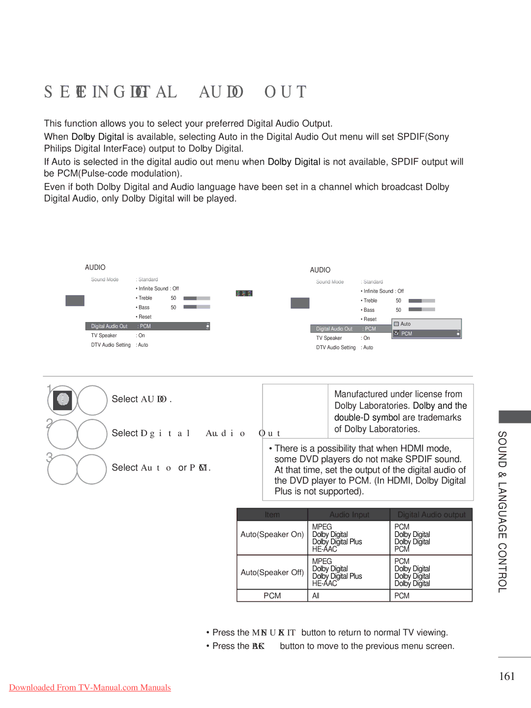 LG Electronics A-27 owner manual Selecting Digital Audio OUT, 161, Select Digital Audio Out, Select Auto or PCM 