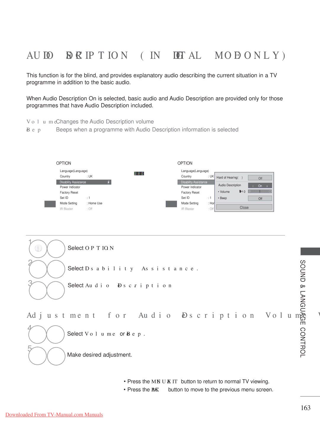 LG Electronics A-27 Audio Description in Digital Mode only, Adjustment for Audio Description Volume With selecting On, 163 