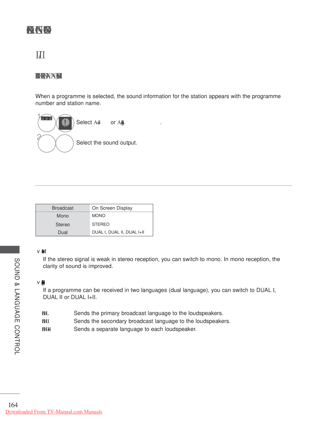 LG Electronics A-27 owner manual 164, Select Audio or Audio Language, Select the sound output, Mono sound selection 