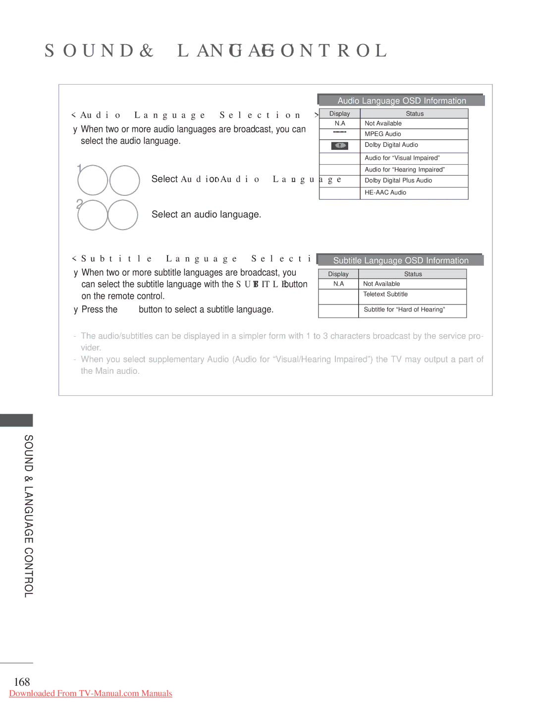 LG Electronics A-27 owner manual 168, Audio Language Selection, Select an audio language, Subtitle Language Selection 