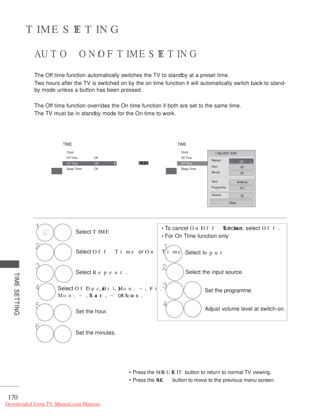 LG Electronics A-27 owner manual Auto ON/OFF Time Setting, 170, Select Off Time or On Time 