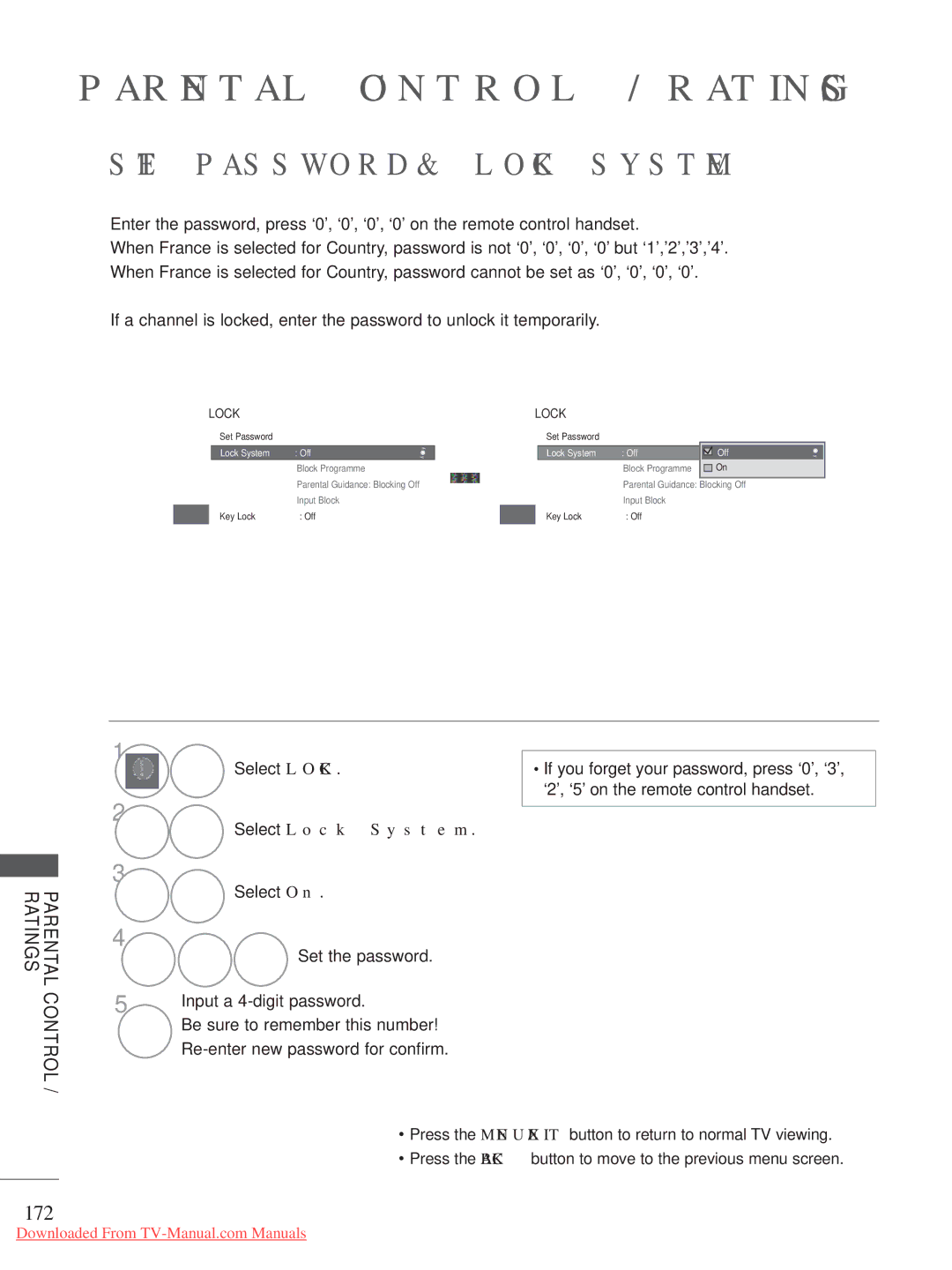 LG Electronics A-27 owner manual SET Password & Lock System, 172, Parental Control / Ratings, Select Lock System 