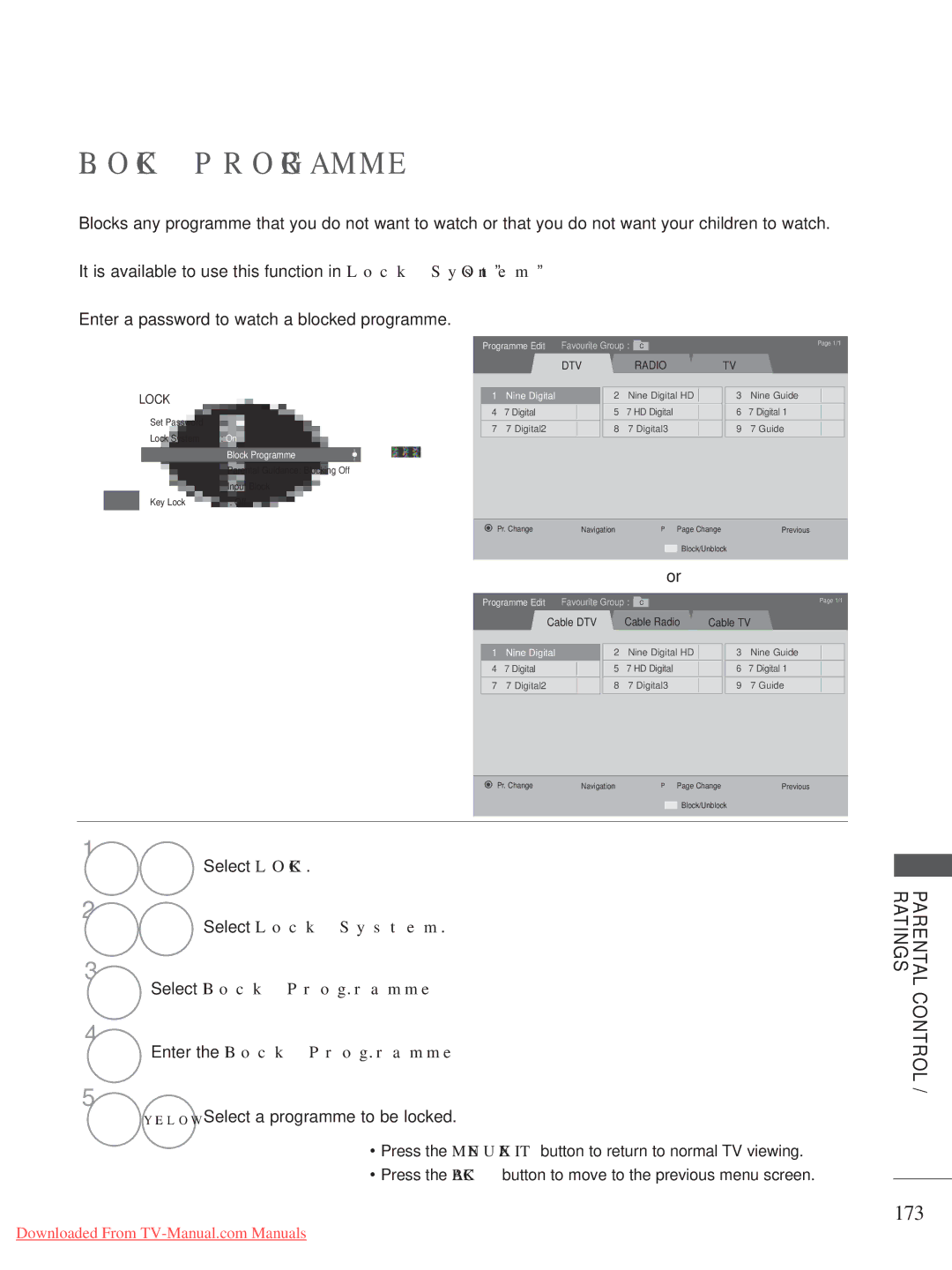 LG Electronics A-27 owner manual 173, Select Lock, Select Block Programme Enter the Block Programme 