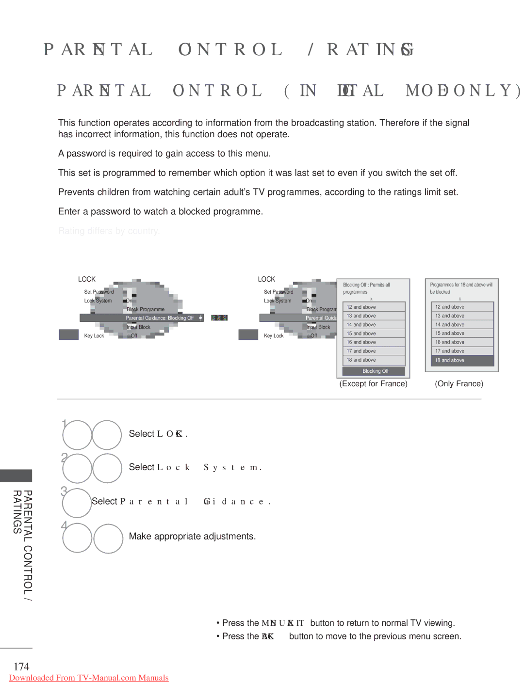 LG Electronics A-27 owner manual Parental Control in Digital Mode only, 174, Select Parental Guidance 