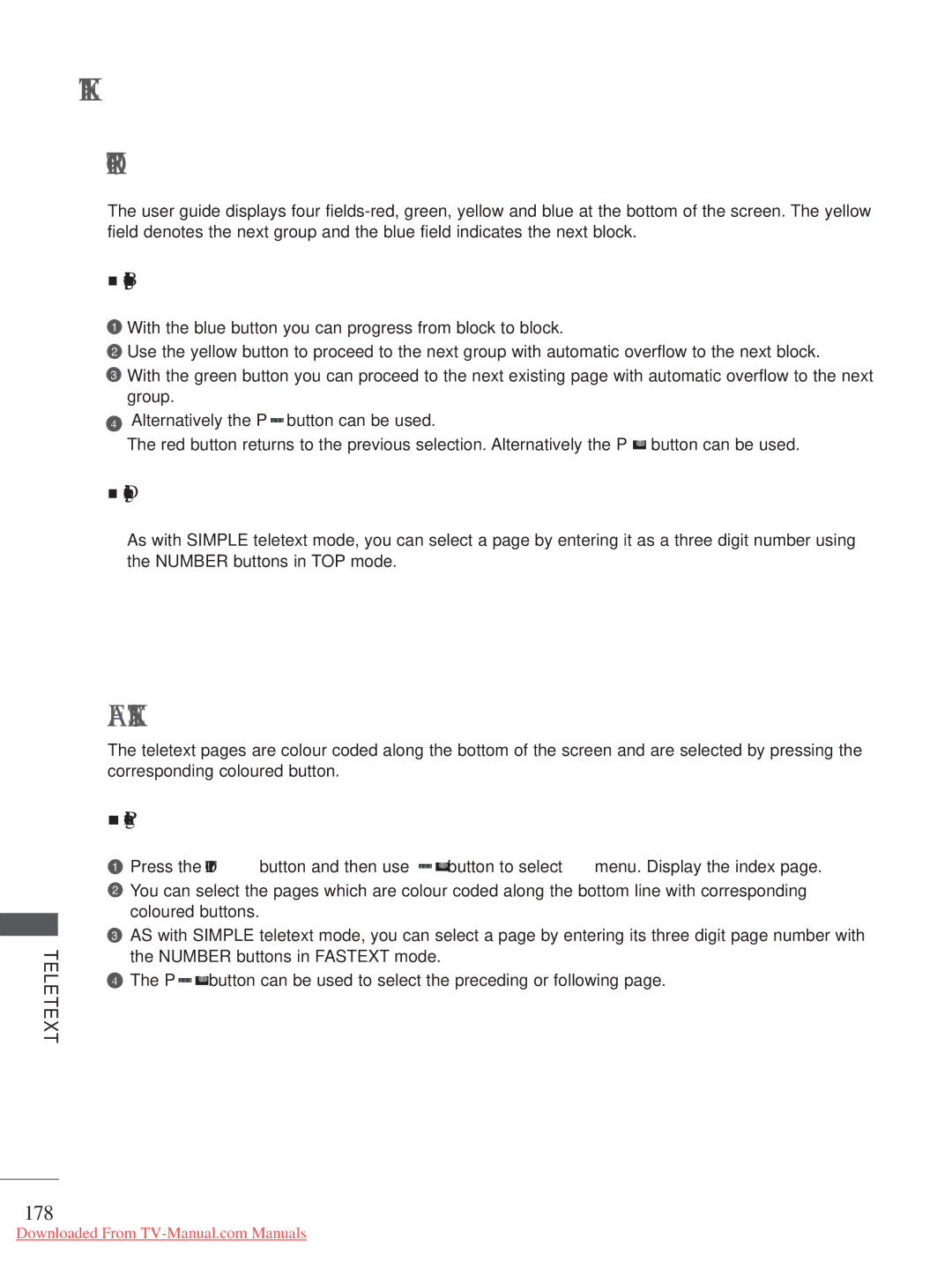 LG Electronics A-27 owner manual TOP Text, Fastext, 178, Block / group / page selection, Direct page selection 