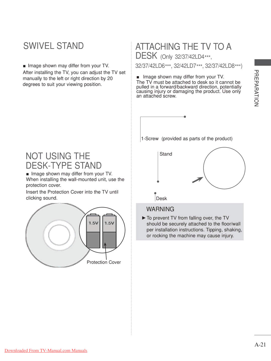 LG Electronics A-27 owner manual Attaching the TV to a, Not Using the DESK-TYPE Stand 