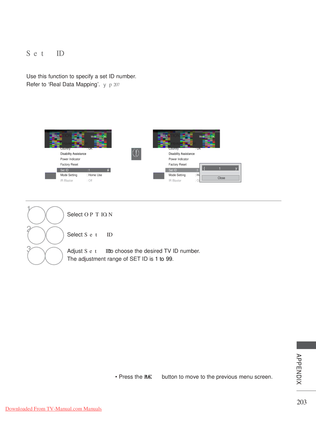 LG Electronics A-27 owner manual 203, Select Option Select Set ID 