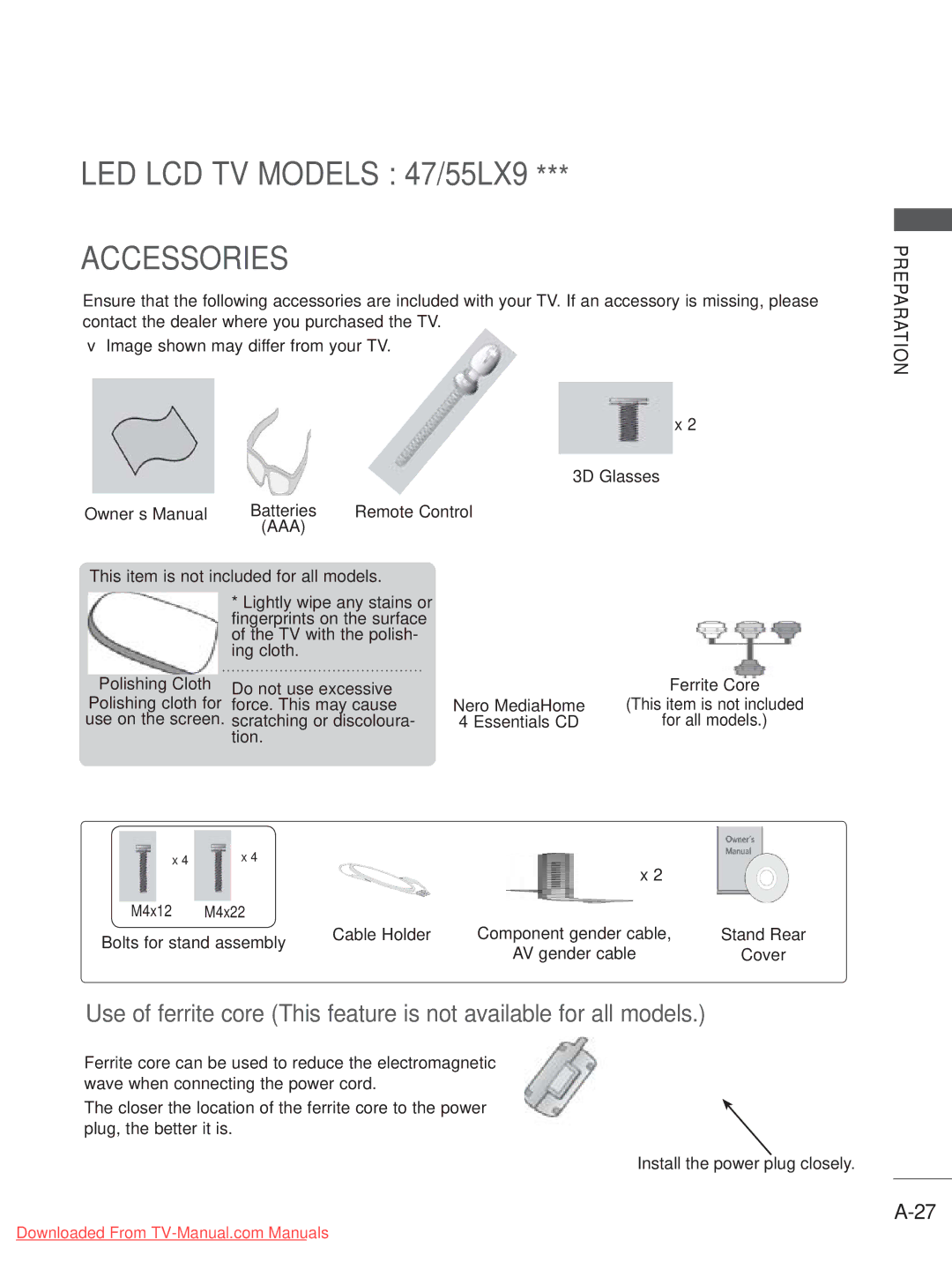 LG Electronics A-27 LED LCD TV Models 47/55LX9 Accessories, Aaa, Nero MediaHome, Bolts for stand assembly Cable Holder 