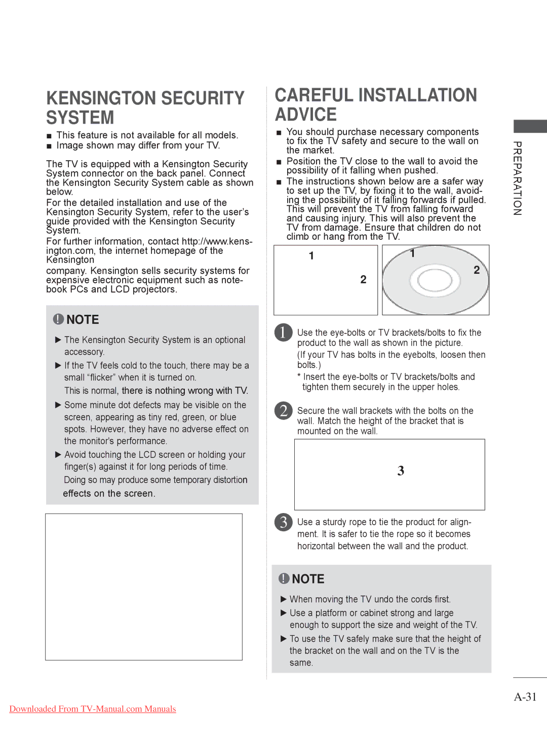 LG Electronics A-27 owner manual Kensington Security System, Product to the wall as shown in the picture 