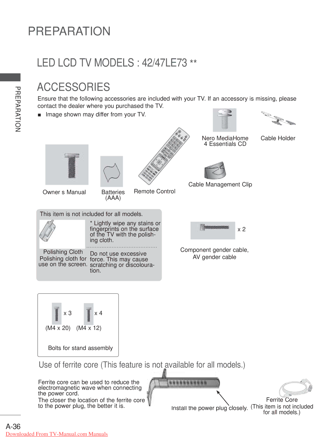 LG Electronics A-27 owner manual LED LCD TV Models 42/47LE73 Accessories, Nero MediaHome Cable Holder 