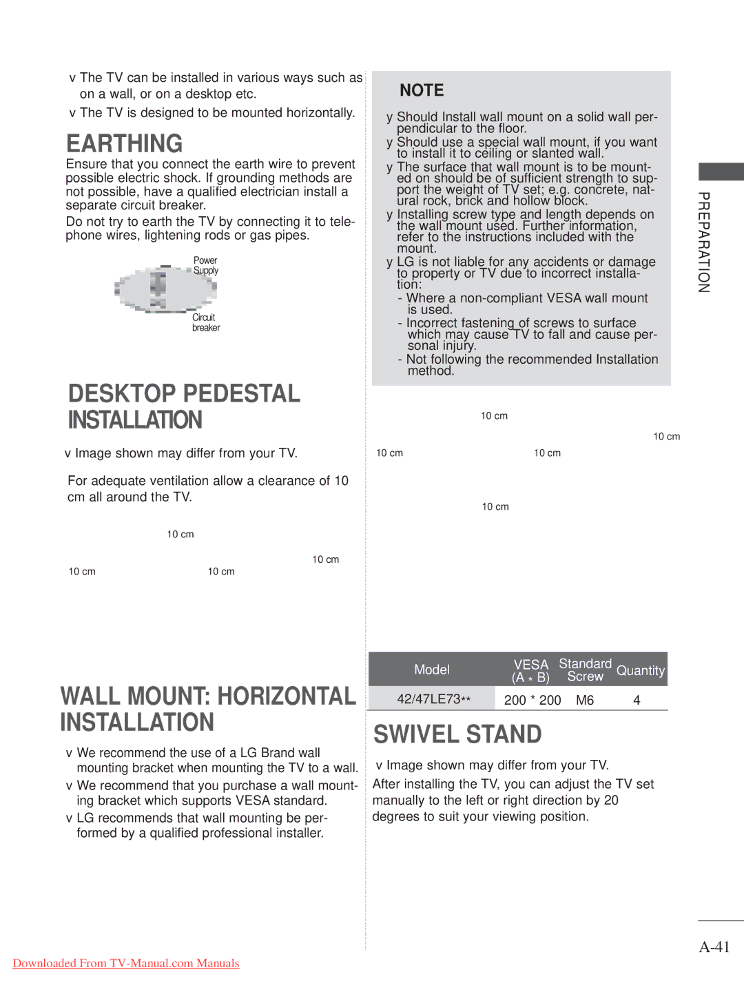 LG Electronics A-27 owner manual Earthing, 42/47LE73 200 