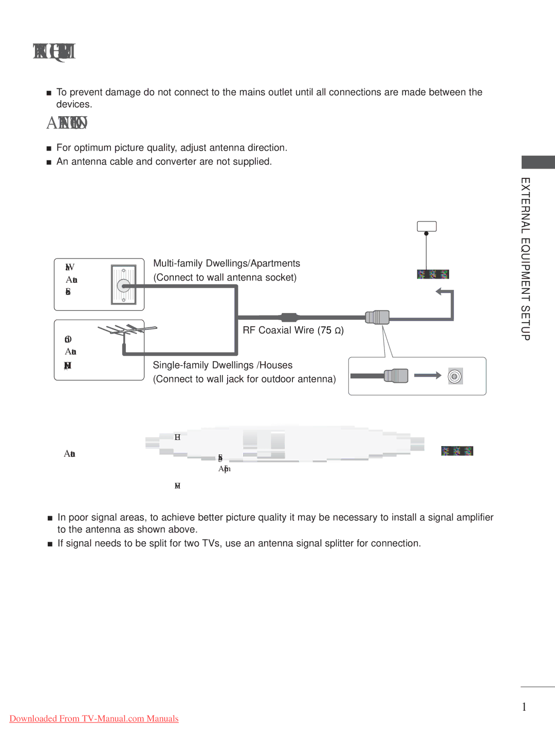 LG Electronics A-27 owner manual Antenna Connection, Wall Antenna Socket Outdoor, External Equipment Setup 