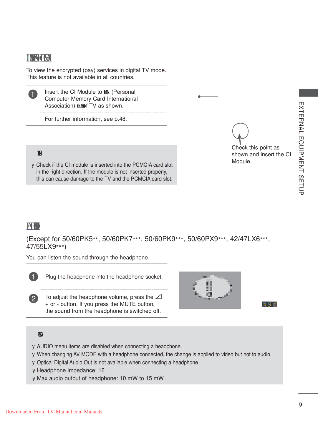 LG Electronics A-27 Insertion of a CI Module, Headphone Setup, Check this point as shown and insert the CI Module 