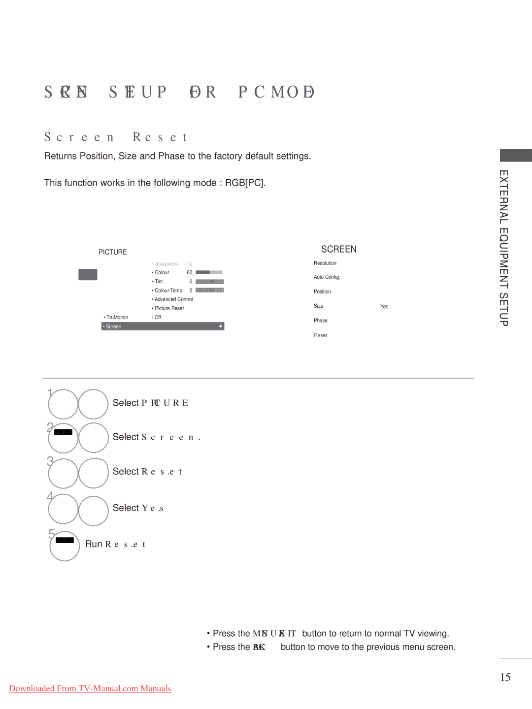 LG Electronics A-27 owner manual Screen Setup for PC Mode, Screen Reset 