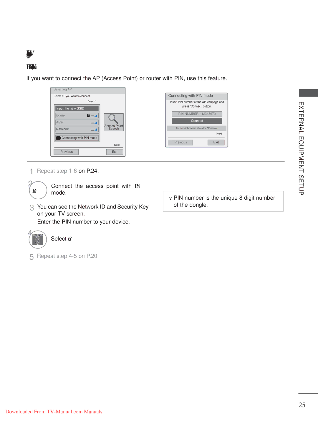 LG Electronics A-27 PIN Personal Identification Number, External, Repeat -6 on P.24 Connect the access point with PIN 