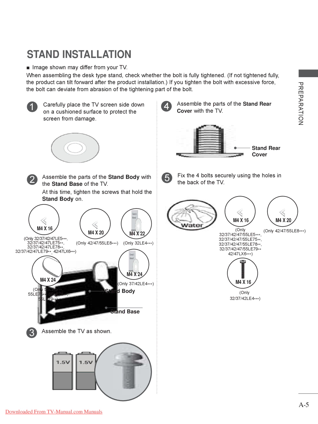 LG Electronics A-27 owner manual Stand Installation, On a cushioned surface to protect, Cover with the TV, Back of the TV 