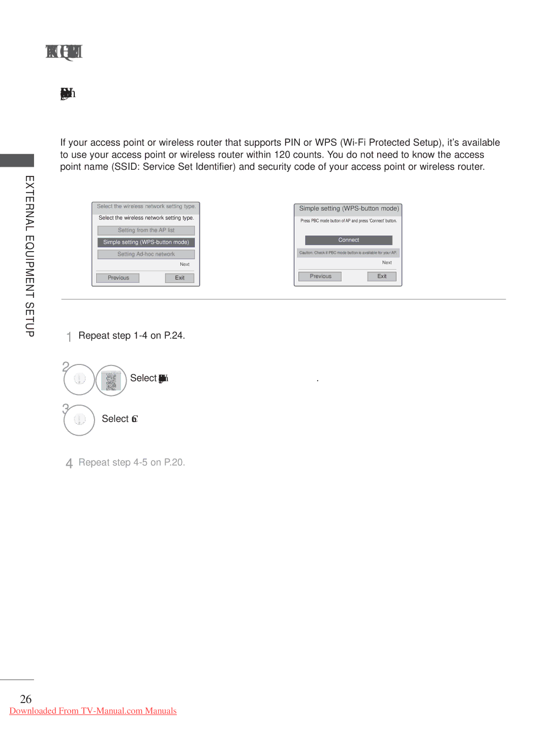 LG Electronics A-27 owner manual Repeat -4 on P.24, Select Simple setting WPS-button mode 