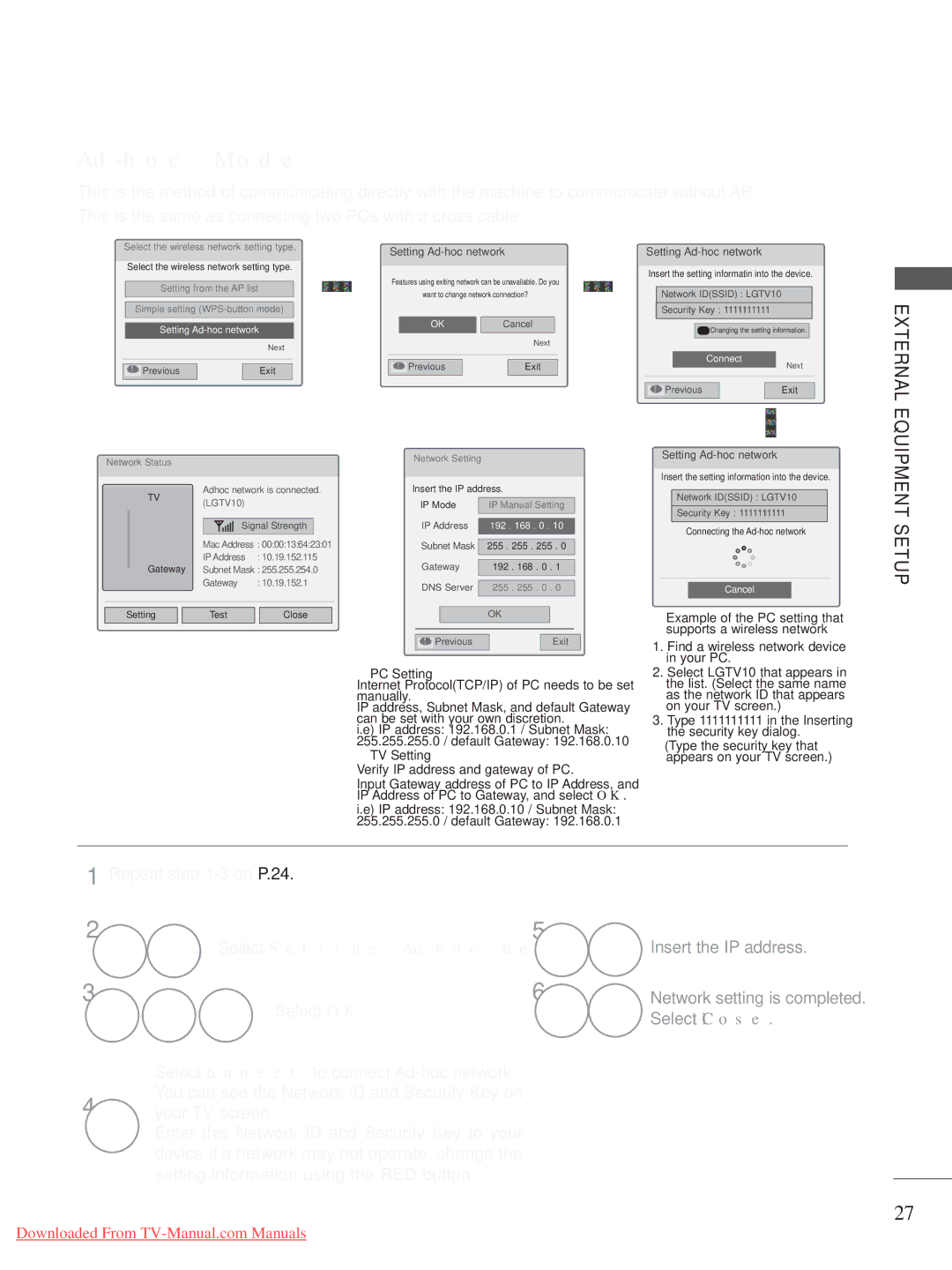 LG Electronics A-27 owner manual Equipment Setup, Repeat -3 on P.24, Select Setting Ad-hoc network 