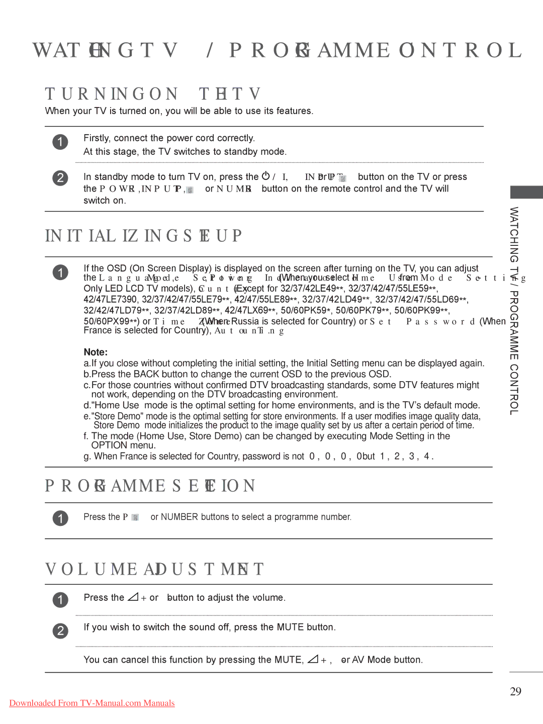 LG Electronics A-27 owner manual Turning on the TV, Initializing Setup, Programme Selection, Volume Adjustment 