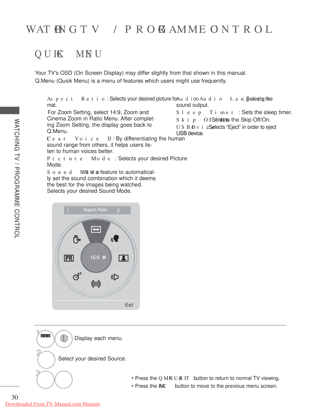 LG Electronics A-27 Quick Menu, Watching TV, Audio or Audio Language Selects the sound output, Programme Control 