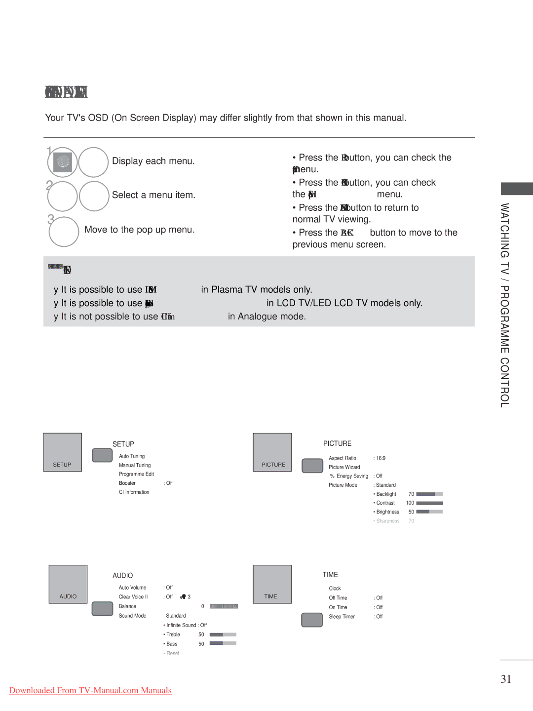 LG Electronics A-27 owner manual On Screen Menus Selection and Adjustment, Watching, TV / Programme Control 