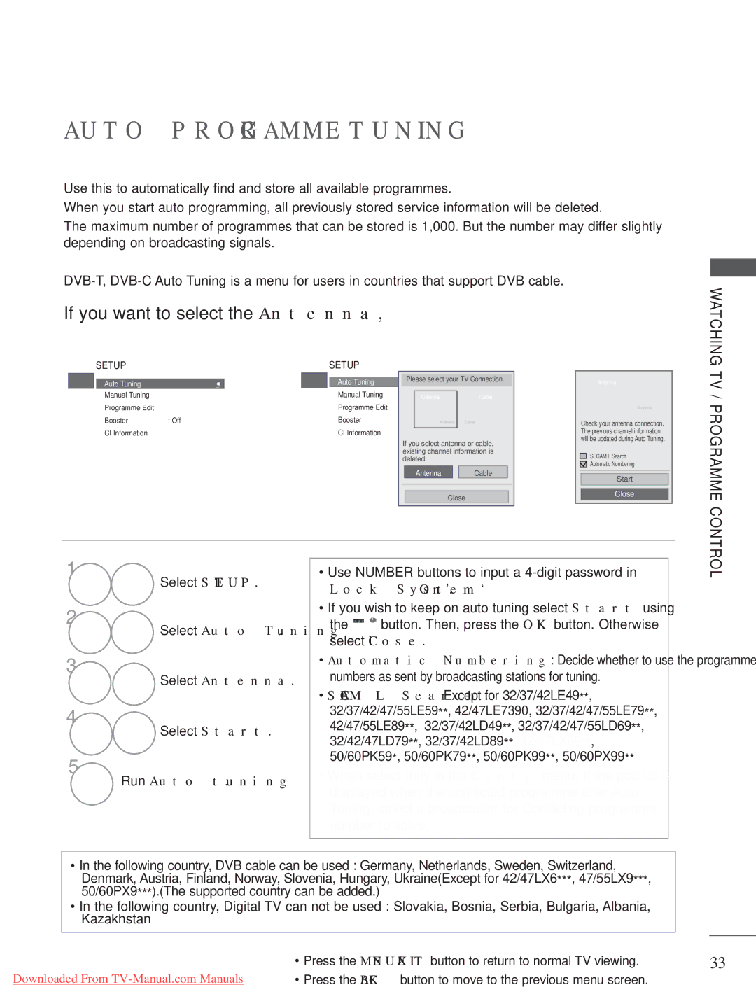 LG Electronics A-27 Auto Programme Tuning, Select Setup, Select Auto Tuning, Select Antenna Select Start, Run Auto tuning 