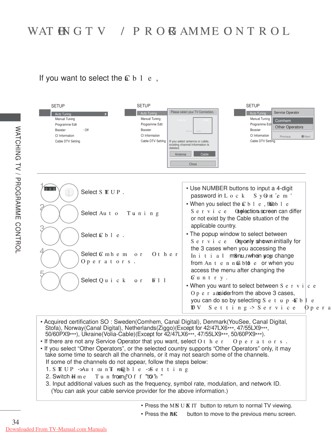 LG Electronics A-27 owner manual Select Cable, Select Comhem or Other Operators Select Quick or Full 