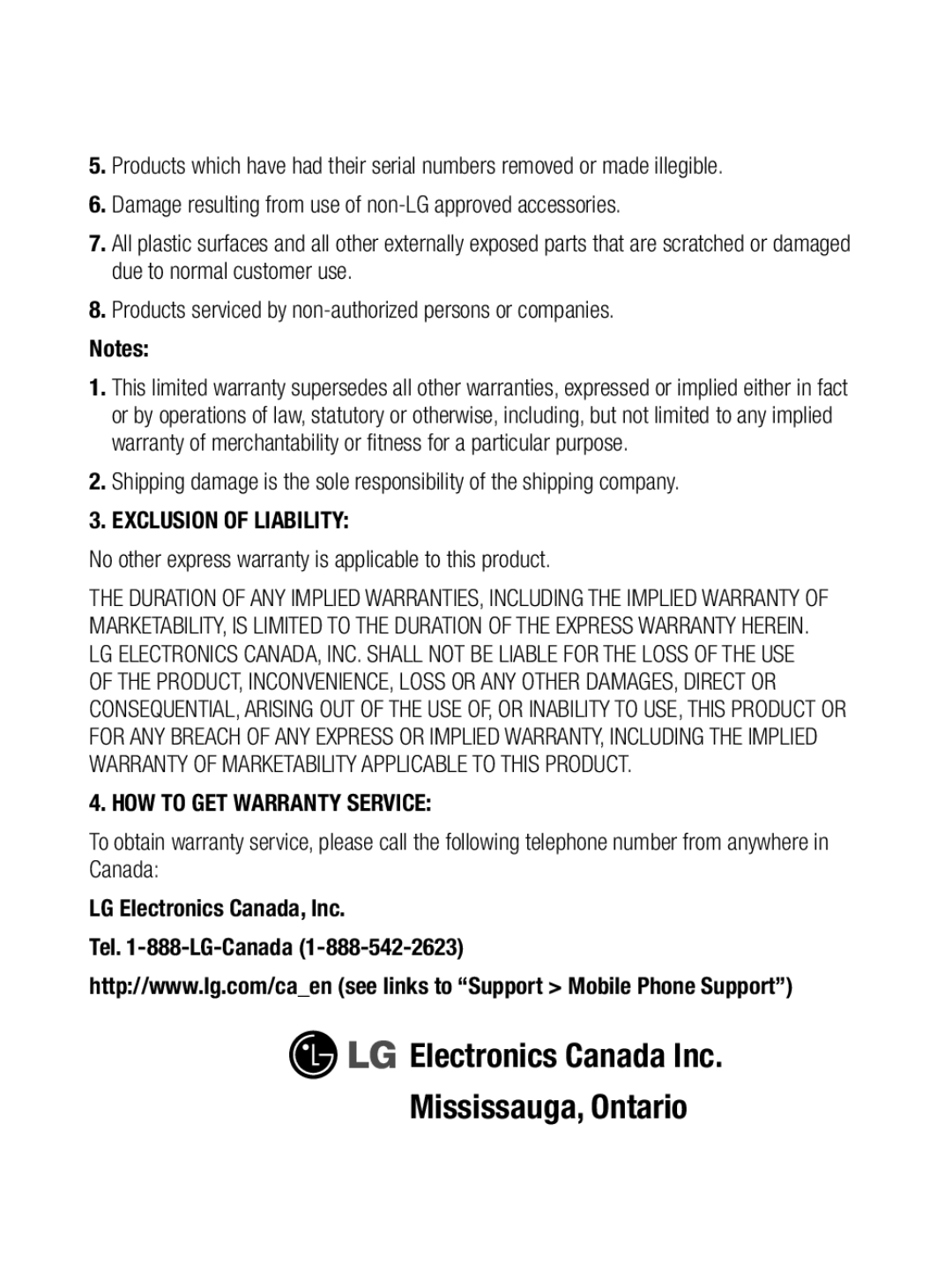 LG Electronics A133CH manual Electronics Canada Inc Mississauga, Ontario, Exclusion of Liability 