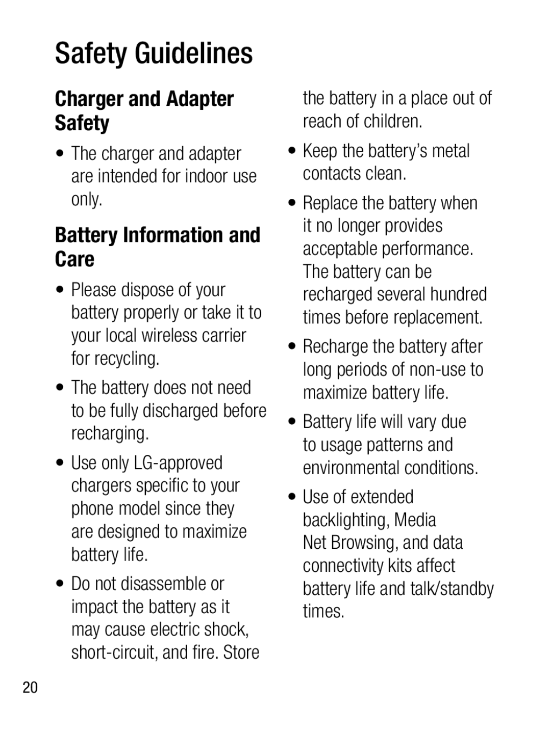 LG Electronics A133CH manual Charger and Adapter Safety, Battery Information and Care 