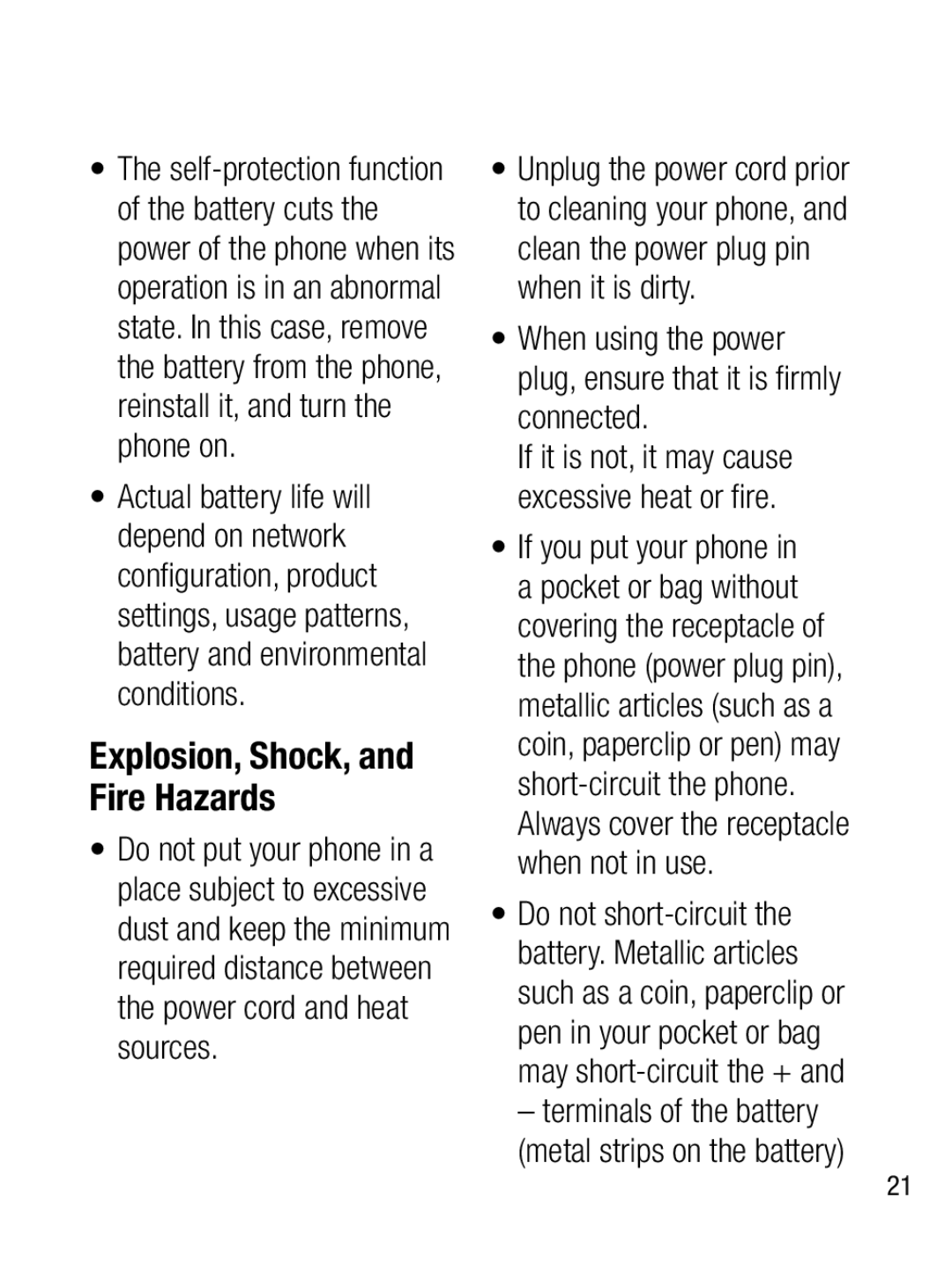 LG Electronics A133CH manual Explosion, Shock, and Fire Hazards 