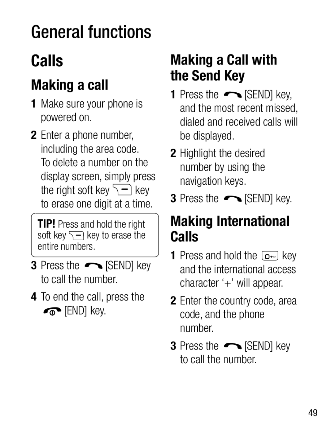 LG Electronics A133CH manual General functions, Making a call, Making International Calls, Making a Call with the Send Key 